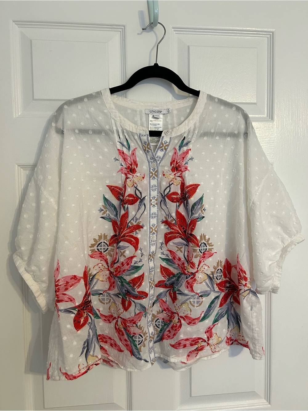 Chico's White Button-Front Blouse with Red Floral Embroidery